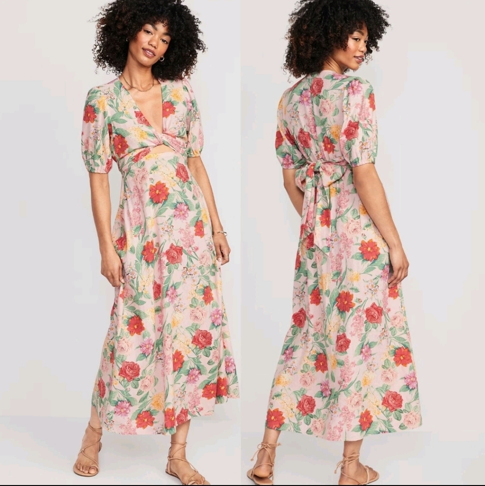 Old Navy Pink Floral Maxi Dress with Red & Green Accents